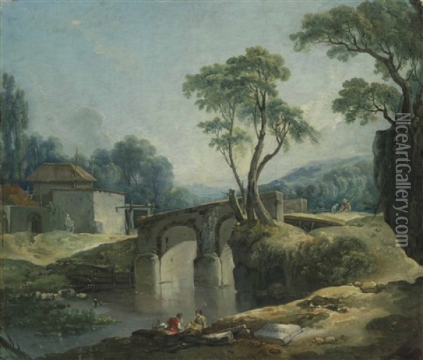 A Wooded Landscape With A Bridge Over A River And A Peasant Couple Fishing In The Foreground, A Farm Beyond Oil Painting - Francois Boucher