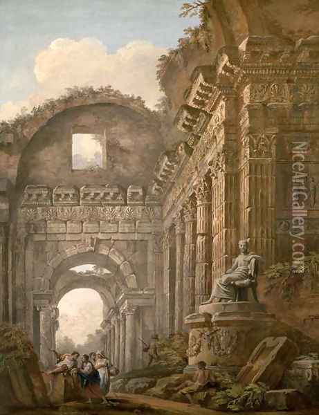 Architectural Ruins, 1765 Oil Painting - Charles-Louis Clerisseau