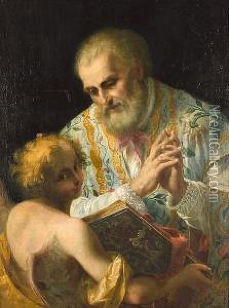 A Bishop Saint With An Angel Holding The Bible Oil Painting - Stefano Maria Legnani