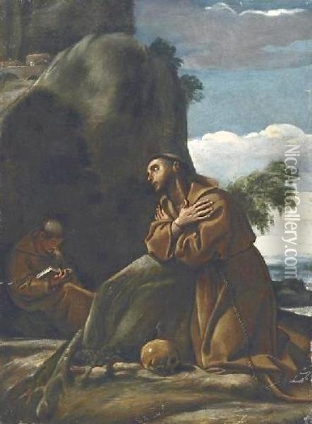 Saint Francis In Front Of Acliff Landscape Oil Painting - Annibale Carracci