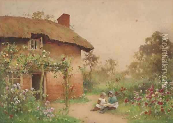 Children playing before a cottage Oil Painting - Benjamin D. Sigmund