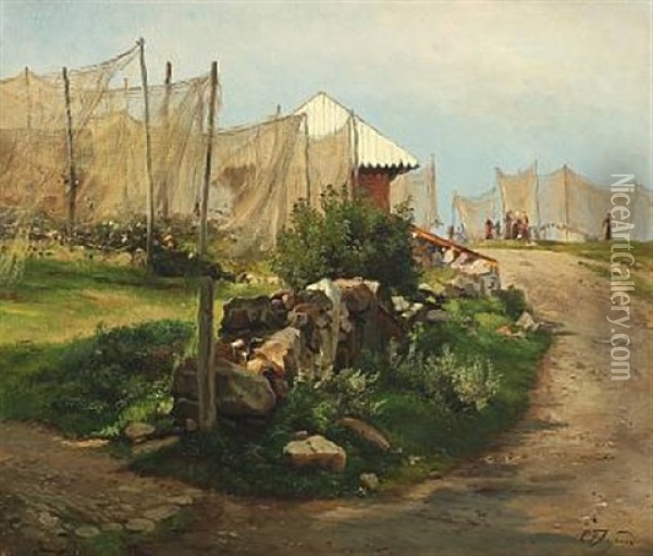 Scenery With Fishings Nets Drying In The Sunshine Oil Painting - Carl Frederik Peder Aagaard