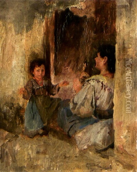 Italienisches Madchen Mit Kind In Einem Hauseingang Oil Painting - Franz Paul Maria Guillery