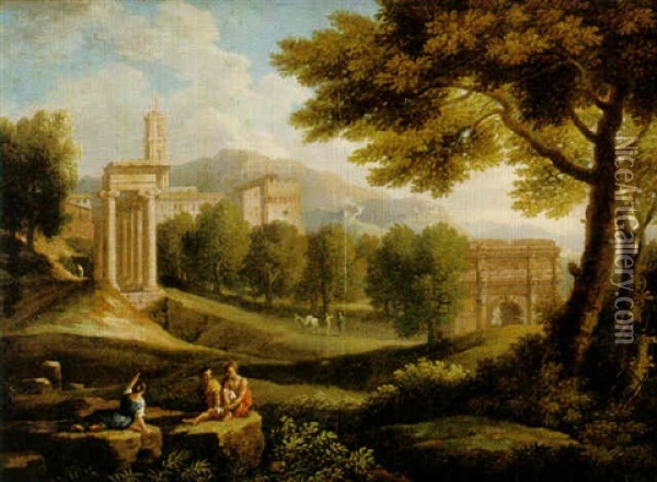 Arkadiskt Landskap Med Figurer Vid Vittrat Tempel Oil Painting - Jan Frans van Bloemen