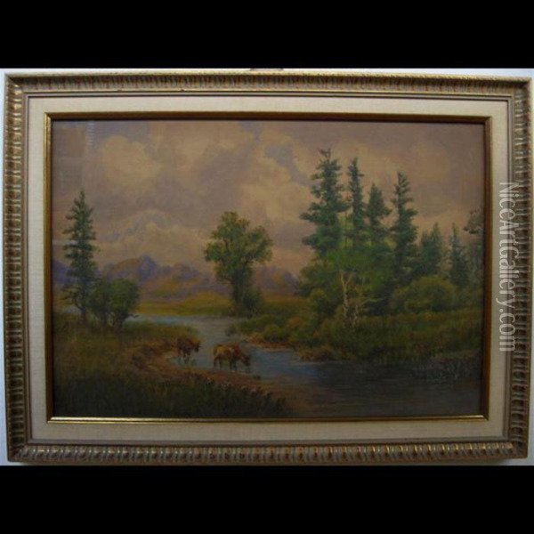 Cattle Watering Oil Painting - Thomas Mower Martin