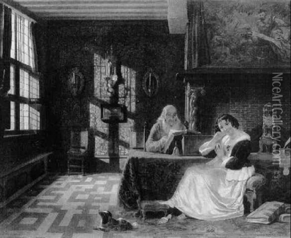 Interieur Im Stil Des 17. Jahrhunderts Mit Einem An Einem Tisch Sitzenden Paar Oil Painting - Philippe-Jacques van Bree