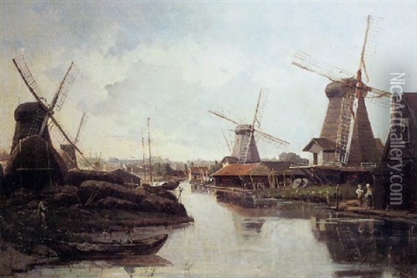 Moulins Sur Les Canaux En Hollande Oil Painting - Gustave Mascart