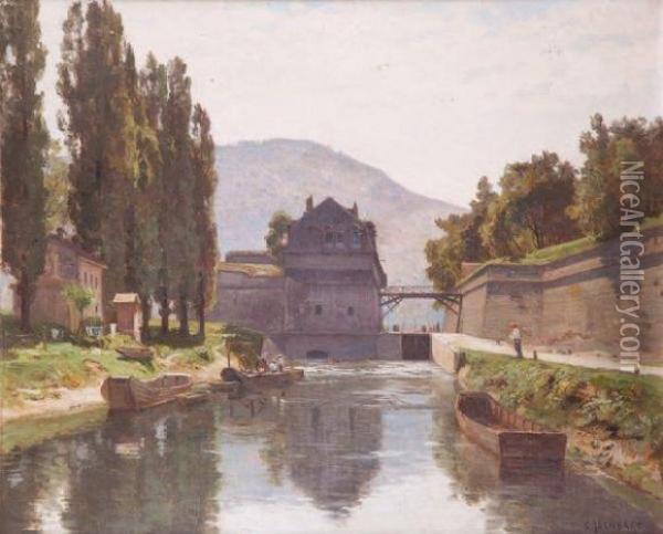 Canal Avec Pecheurs Oil Painting - Marie-Victor Emile Isenbart