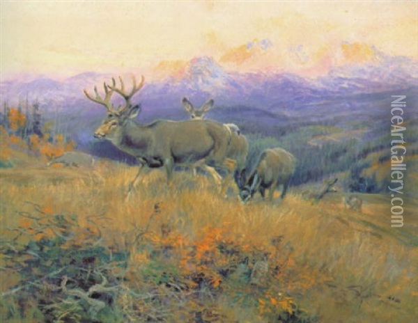 Deer In Landscape Oil Painting - Charles Marion Russell