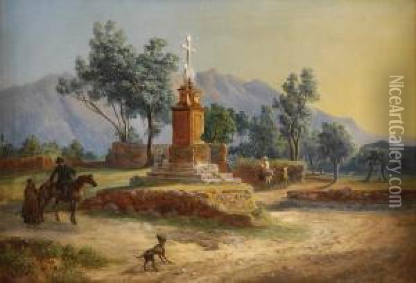 Italienische Landschaft Mit Regem Treiben. Oil Painting - Ludwig Vogel