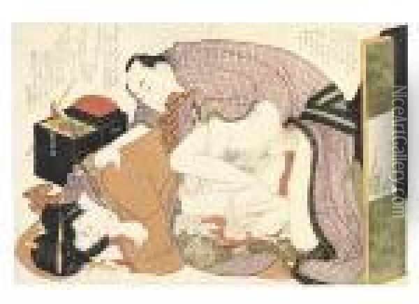 A Couple Making Love In
Front Of A Screen Painted With Irises Oil Painting - Katsushika Hokusai