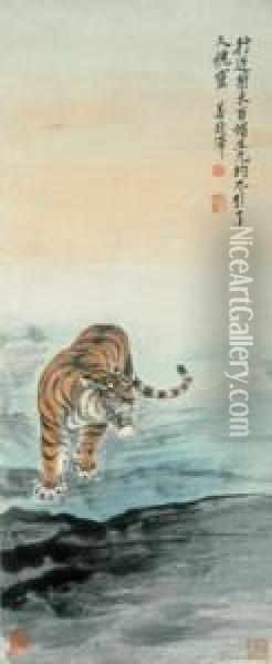 Pacing Tiger Oil Painting - Zhang Shanzi