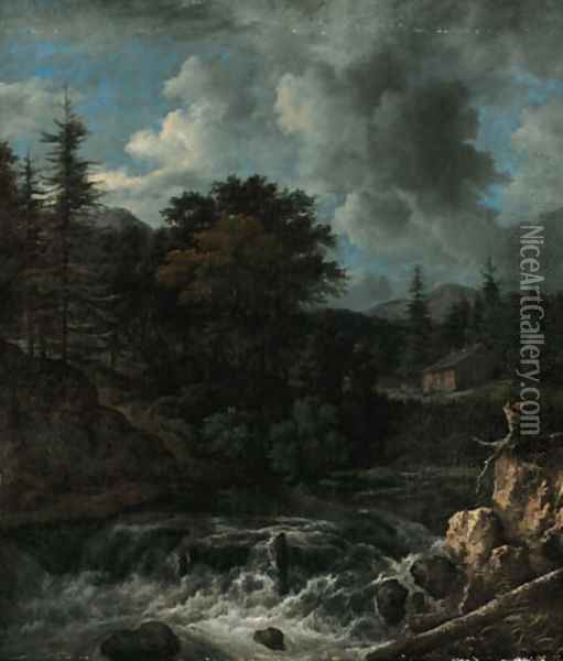 A torrent in a Scandinavian wooded landscape, a cottage beyond Oil Painting - Jacob Van Ruisdael