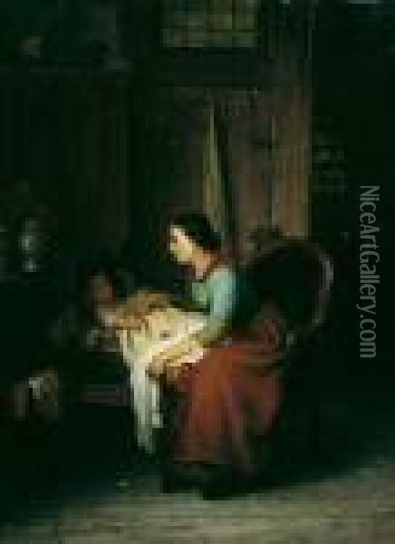 Eine Junge Mutter An Der Wiege Ihres Kindes. Oil Painting - Meyer Georg von Bremen