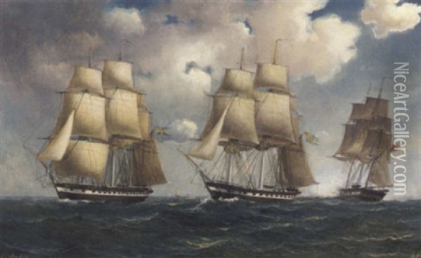 Swedish And Danish Frigates Saluting As They Pass Oil Painting - Marcus Larsson