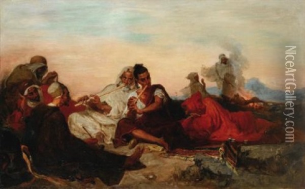 Les Joueurs De Flute Au Bivouac, Algerie Oil Painting - Gustave Achille Guillaumet