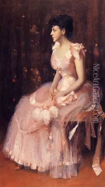 Portrait Of A Lady In Pink Oil Painting - William Merritt Chase