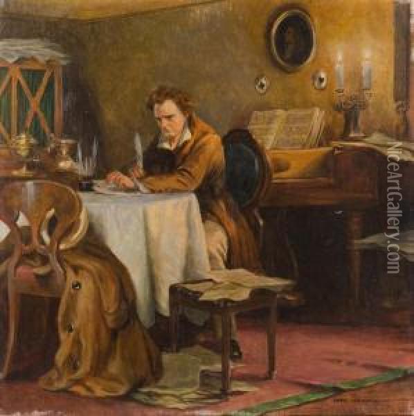 Gentleman At Desk Writing A Musical Composition By Candlelight Oil Painting - Otto Nowak