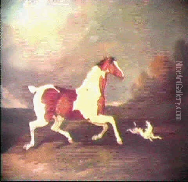 A Brown And White Skewbald Horse And A Terrier In A         Landscape Oil Painting - David (of York) Dalby