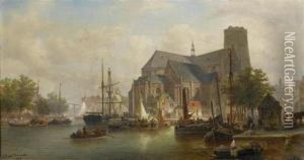 Harbour View. Oil Painting - Elias Pieter van Bommel