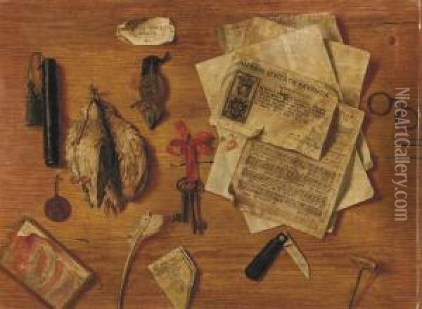 Trompe L'oeil Con Lasciapassare Di Faenza Del 1691 Per Domenico Marini Oil Painting - Andrea Domenico Remps