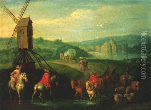 Figures And Farm Animals Near A Windmill Oil Painting - Karel Beschey