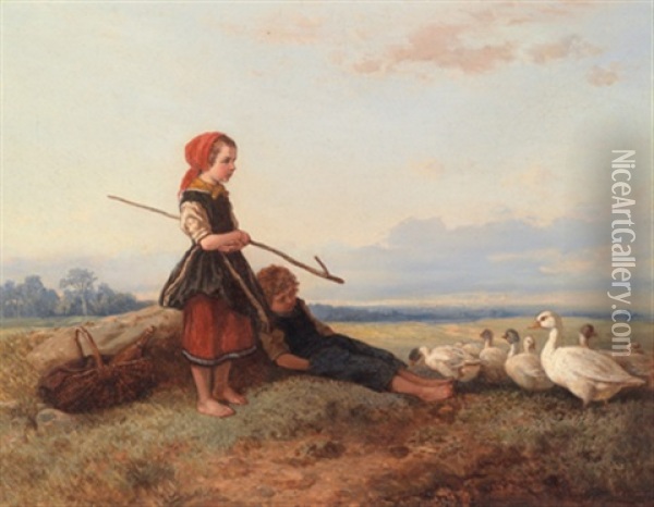 Die Gansehirtin Oil Painting - Theodor (Fried. Wilhelm Heinrich Th.) Hosemann