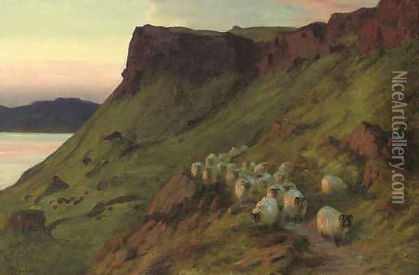 Sheep below the Greeben Cliff, Mull, Evening Oil Painting - Joseph Farquharson