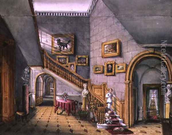 The Staircase, Strood Park, f26 from An Album of Interiors, (1) 1843 Oil Painting - Charlotte Bosanquet