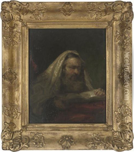 Rabbi Reading The Scriptures Oil Painting - Rembrandt Van Rijn