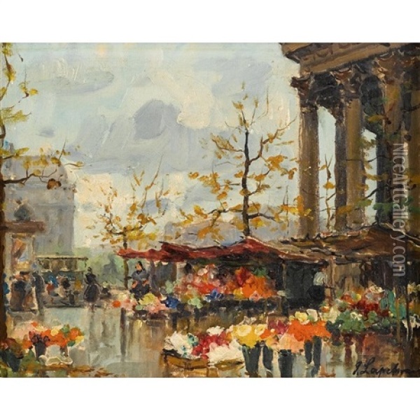 Flower Market, Paris Oil Painting - Georgi Alexandrovich Lapchine