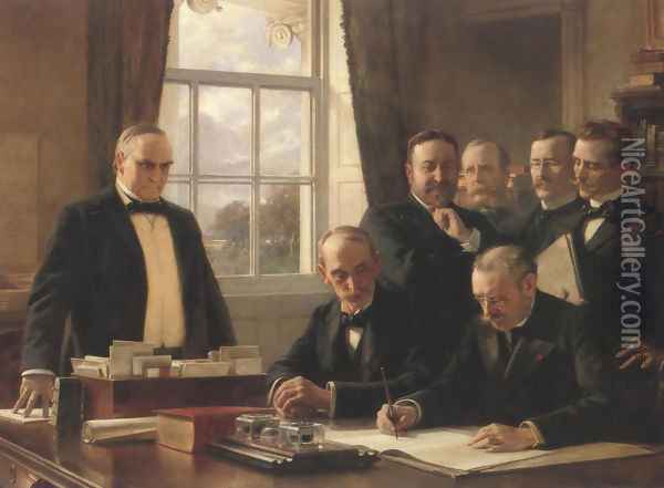 Signing Of The Peace Protocol Between Spain And The United States August 12 1898 Oil Painting - Theobald Chartran