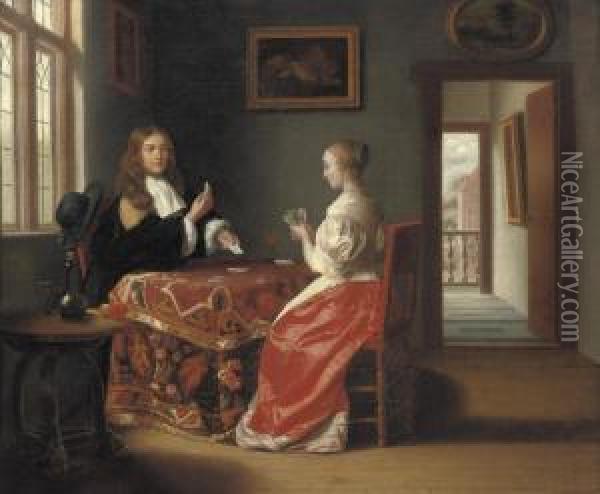 An Elegant Couple Playing Cards Oil Painting - Samuel Van Hoogstraten