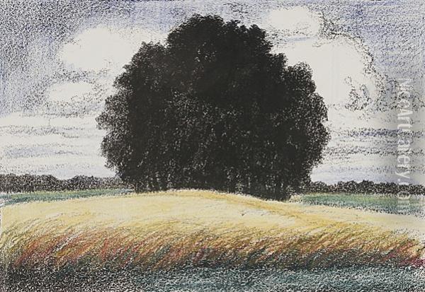 Weiden An Einem Feldweg - Wolkenverhangene Feldlandschaft Mit Weiden - Schafherde In Der Abenddammerung Oil Painting - Karl Albrecht