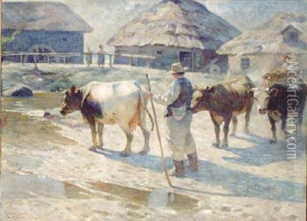 Krowy Oil Painting - Wladyslaw Mihailov. Galimski