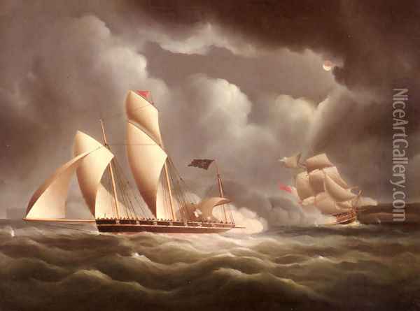 A British Frigate Attacking A Pirate Lugger At Night Oil Painting - James E. Buttersworth