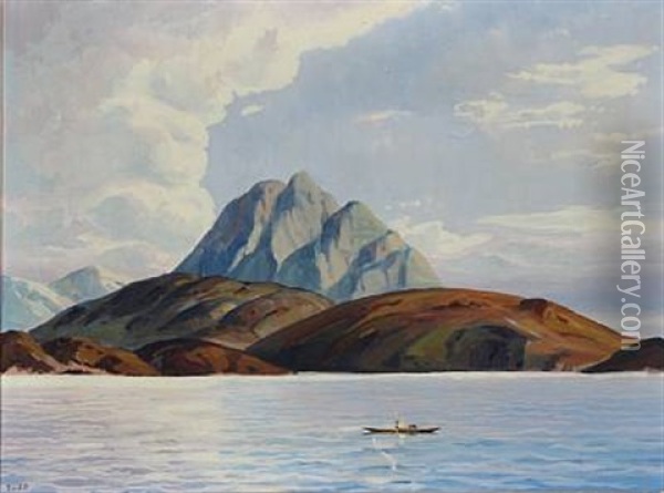 Greenland Fjord With A Hunter In A Kayak Oil Painting - Emanuel A. Petersen