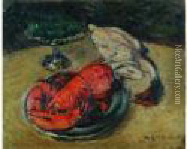  Homard, Compotier De Prunes Et Poulet  Oil Painting - Gustave Loiseau