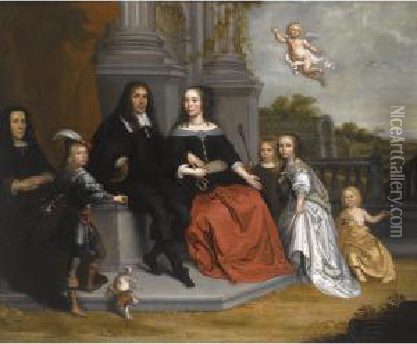 A Portrait Of A Family Within A Formal Garden Setting, The Husband And Wife Seated Beneath Two Fluted Pillars Oil Painting - Jan Victors