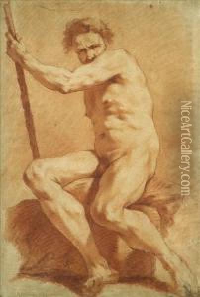 Nude Studyof A Man, Seated On A Rock Holding A Staff Sanguine Oil Painting - Pierre Puget
