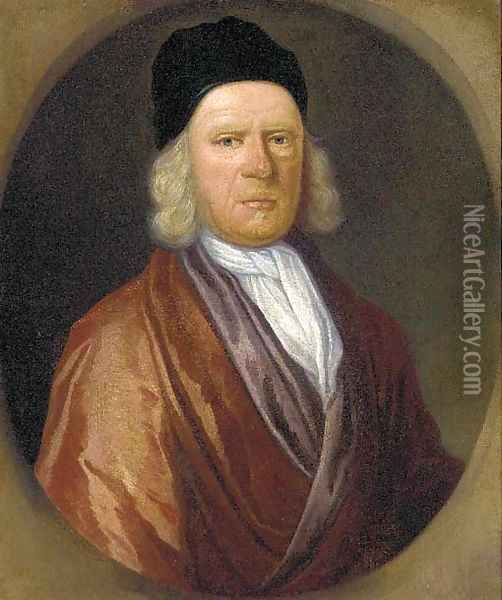 Portrait of Rev. Thomas Tooke (d.1721), bust-length, in a brown coat, white stock and black cap, feigned oval Oil Painting - Johann Closterman