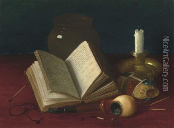 Still Life With A Pipe, Candlestand And Book Oil Painting - Claude Raguet Hirst