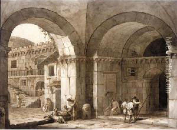 View In A Vaulted Entrance, With Various Figures, And A Courtyard Beyond Oil Painting - Antonio Zucchi