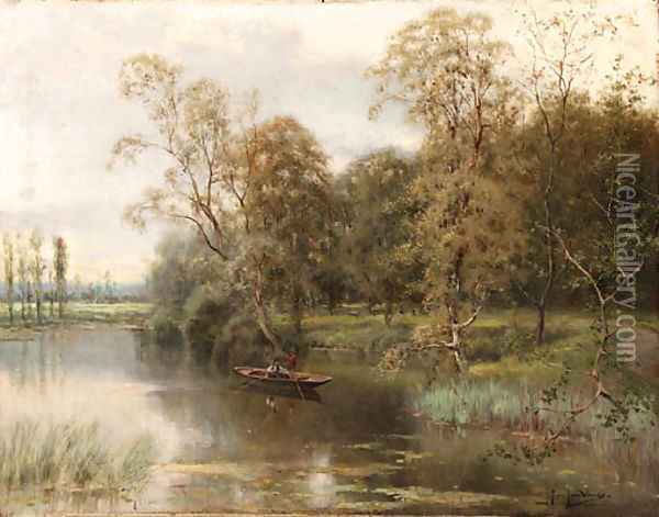 Boating on a tranquil lake Oil Painting - Jose Maria Jardines