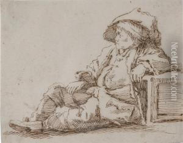 Enfant Assis Sur Le Sol, Accoude Sur Une Caisse Et Portant Un Chapeau Oil Painting - Pier Leone Ghezzi