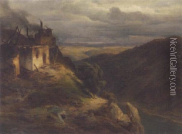 Berglandschaft Mit Verwundetem Soldat Und Brennender Ruine Oil Painting - Karl Friedrich Lessing