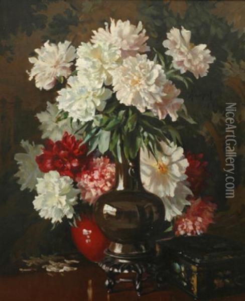 Still Life With Peonies Oil Painting - Carl Hampel