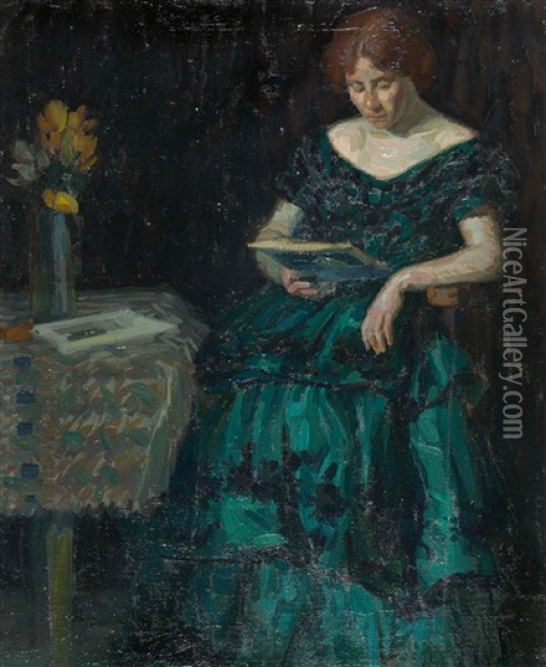 Lesende Frau In Grunem Kleid Oil Painting - Ludwig Knaus