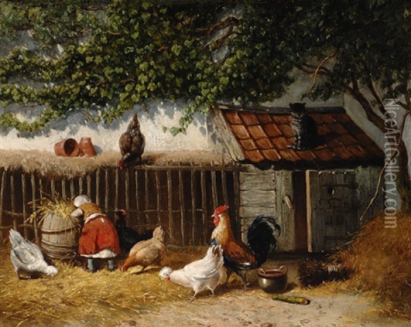 Farmyard With Chickens Oil Painting - Jan Geerard Smits