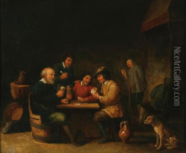 A Company Playingcards In A 17th Century Tavern Oil Painting - Adriaen Jansz. Van Ostade